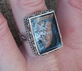Zilveren ring rechthoekige Dendriet Opaal in bewerkte setting 19